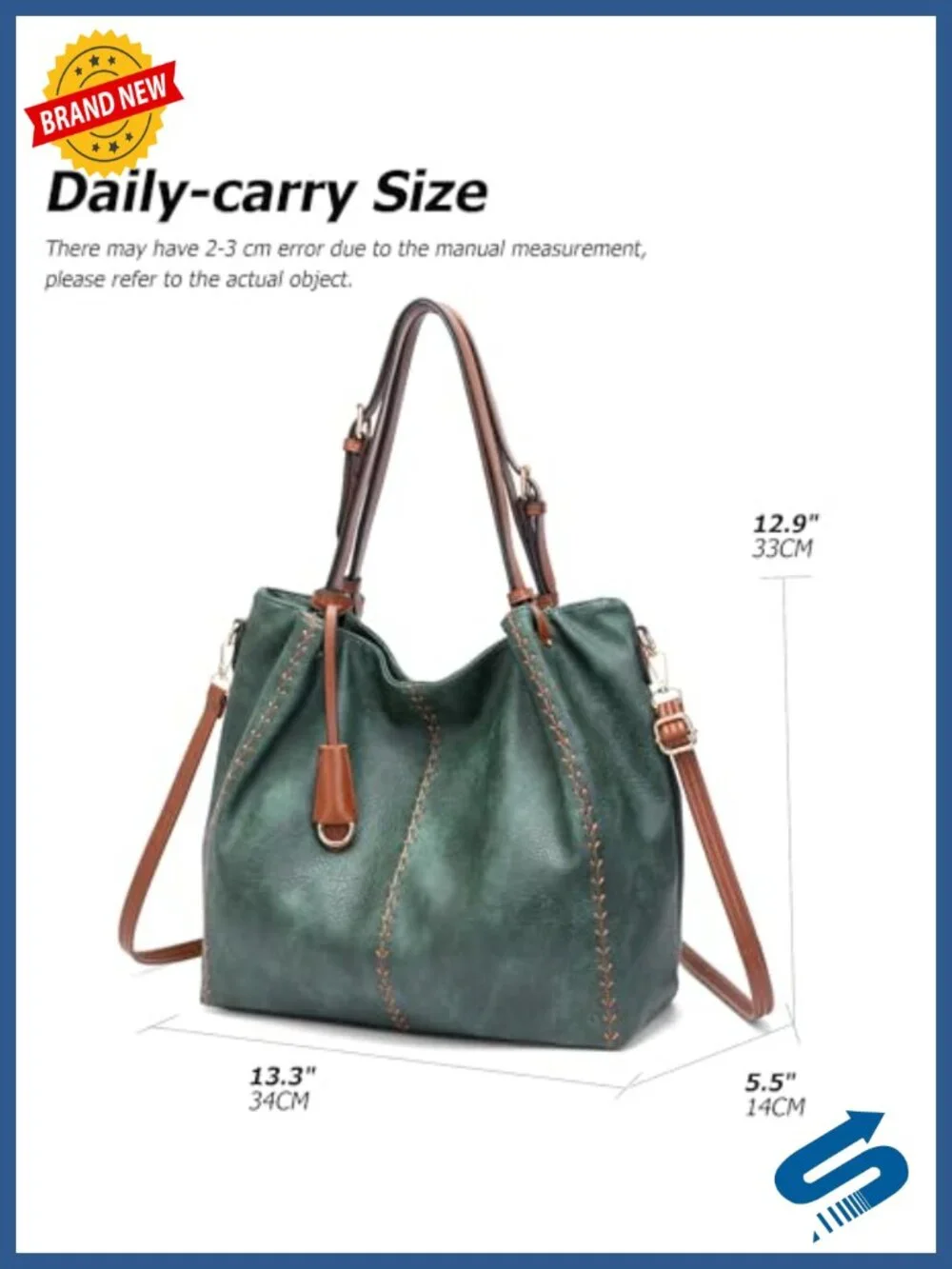 Vintage PU Leather Hobo Shoulder Bag Tote with Rivet Detail Purse